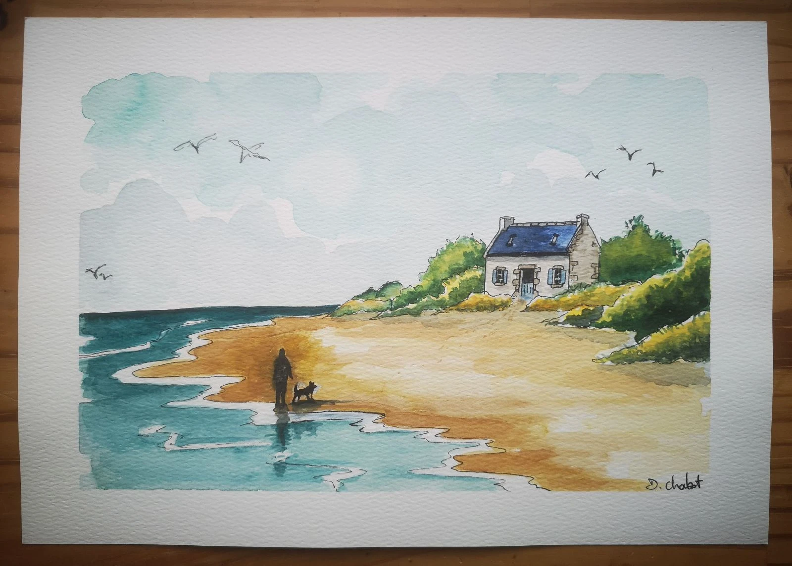 Aquarelle, décoration marine, peinte à la main, unique et originale "maison Bretonne au bord de la plage"  – photo 2